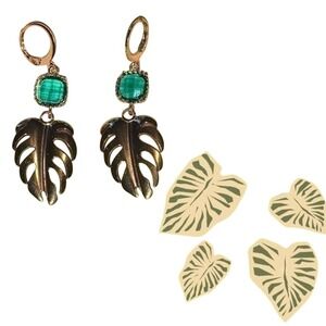 Dangle Drop Earrings Gold Tone Monstera Leaf Green Stone Lever Back